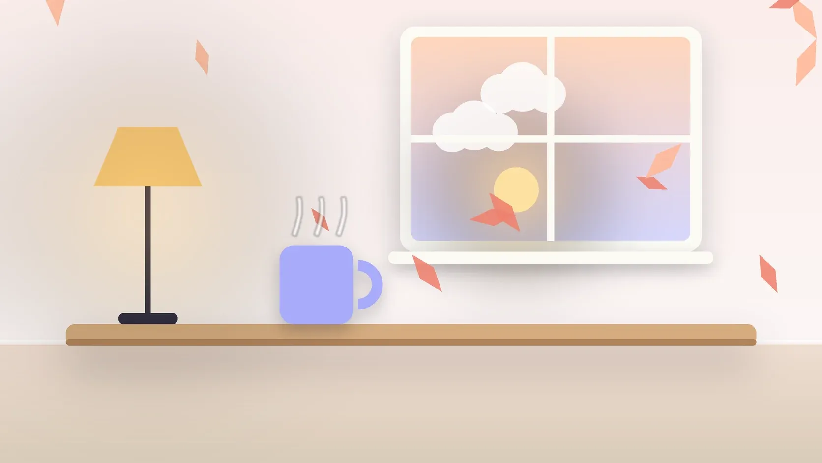 Illustration of autumn leaves drifting past a window at low sun, with a glowing lamp and a mug on a desk