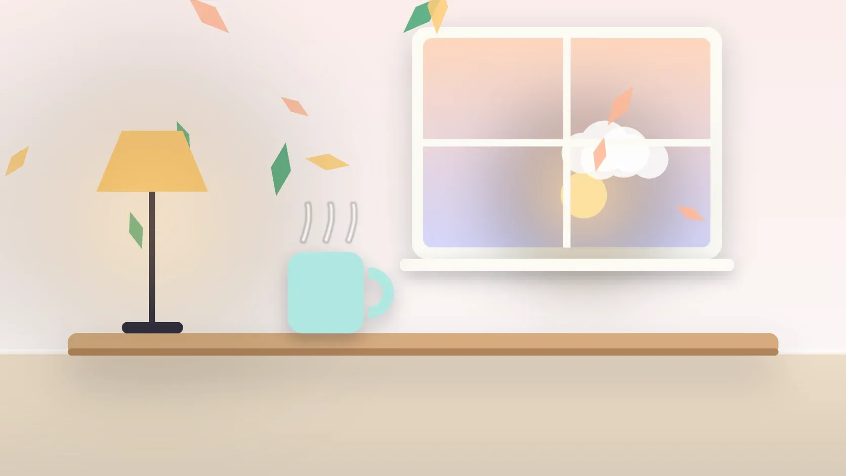 Illustration of autumn leaves drifting past a window at low sun, with a glowing lamp and a mug on a desk