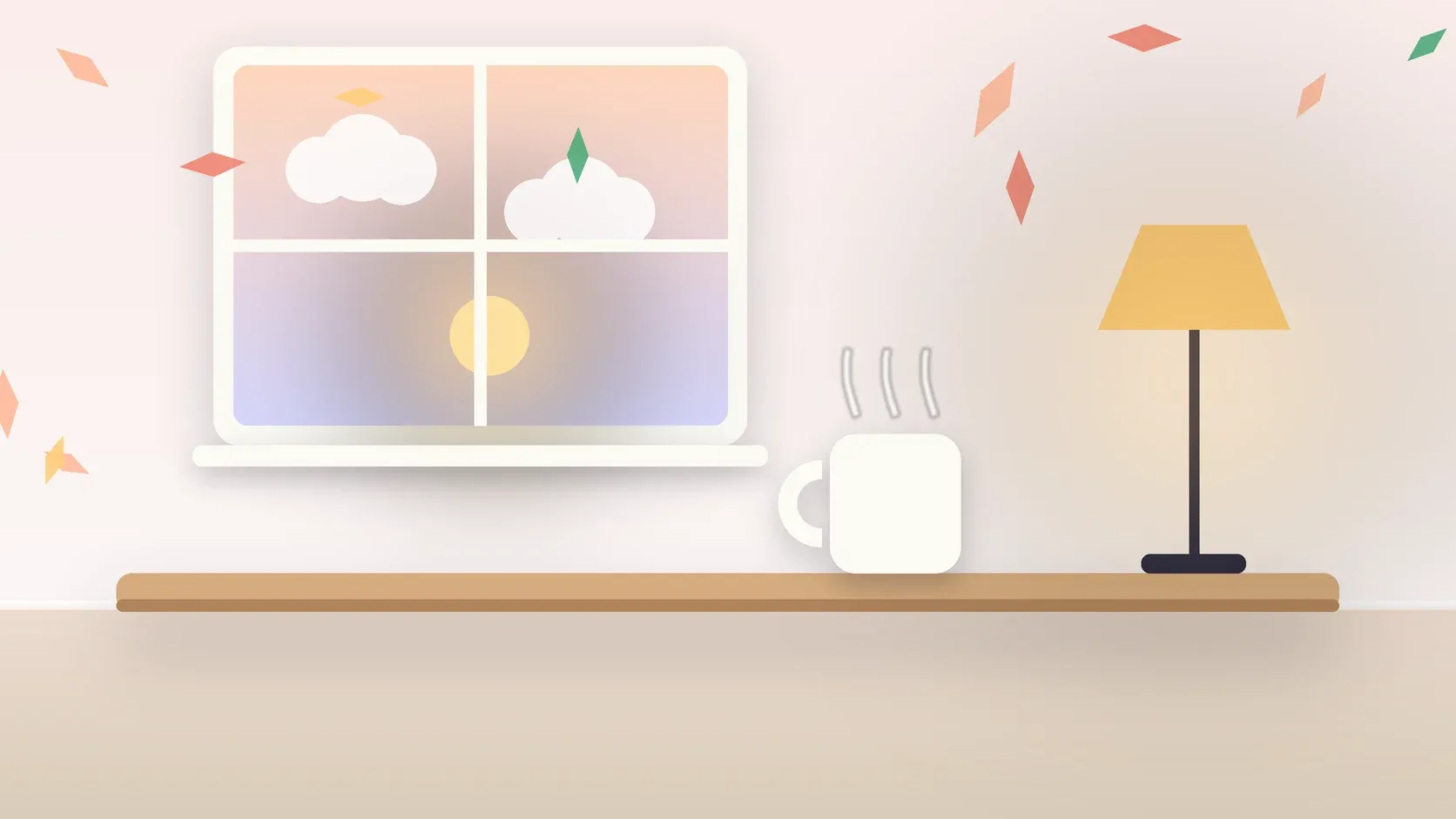 Illustration of autumn leaves drifting past a window at low sun, with a glowing lamp and a mug on a desk