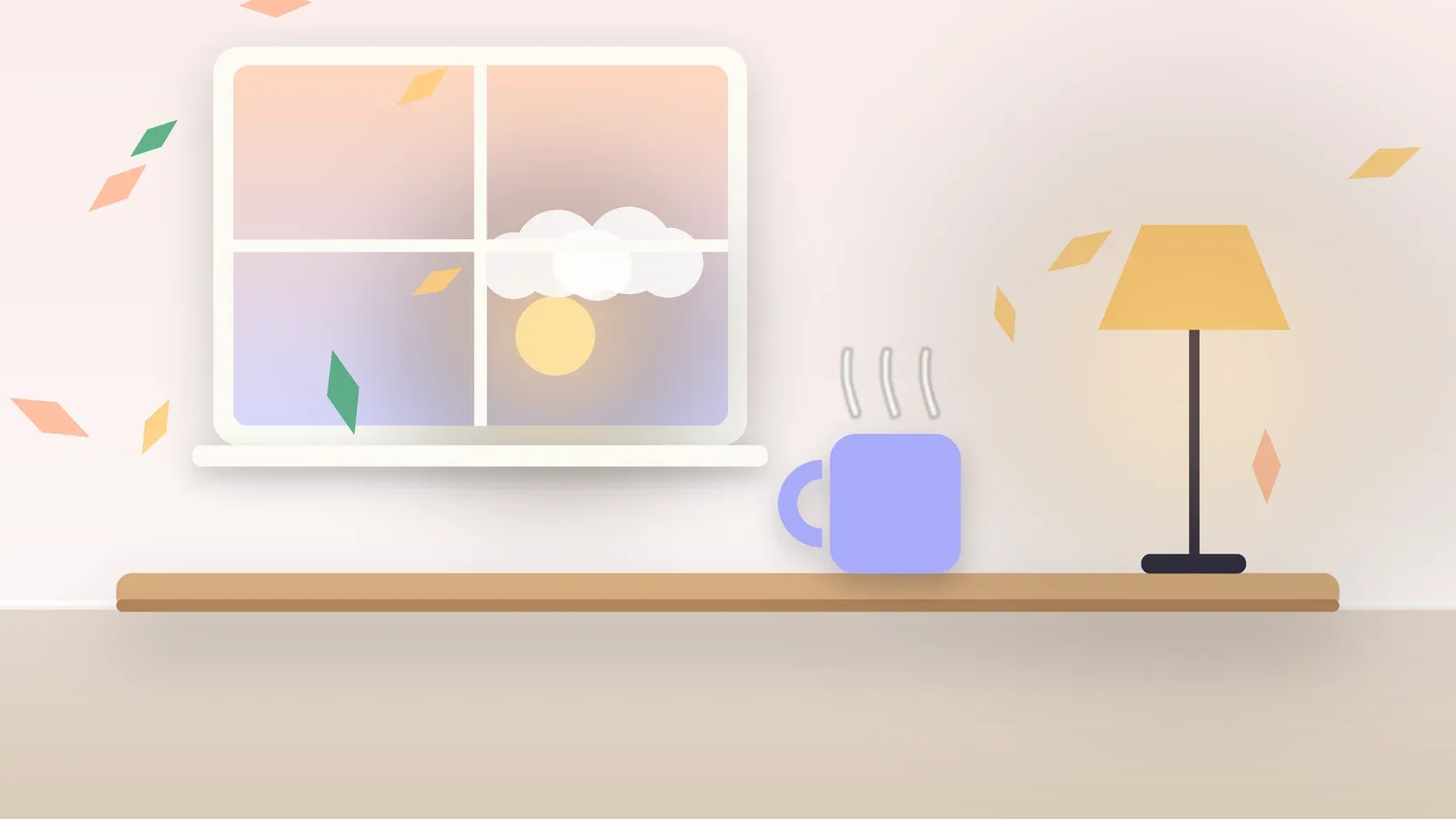 Illustration of autumn leaves drifting past a window at low sun, with a glowing lamp and a mug on a desk