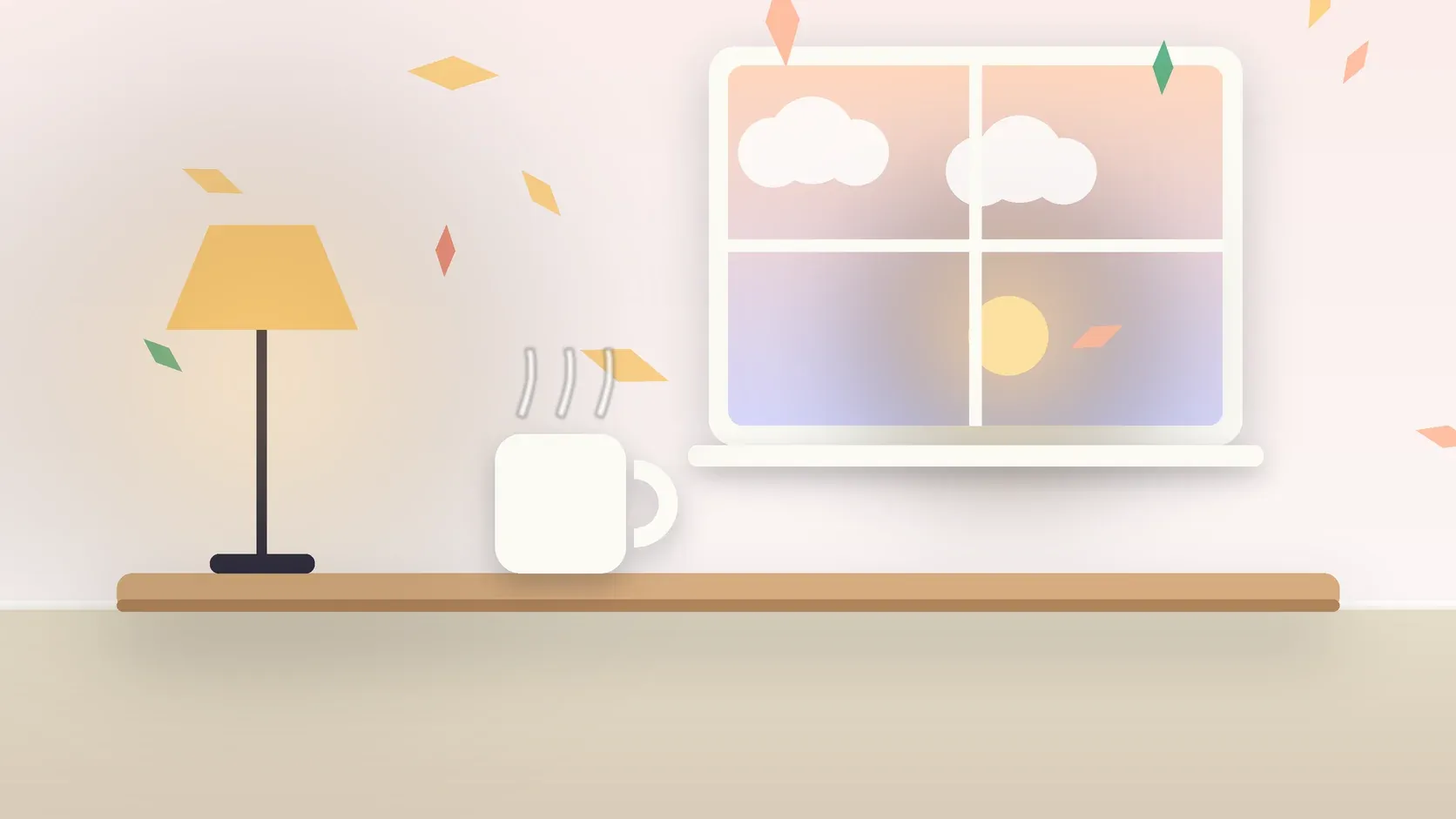 Illustration of autumn leaves drifting past a window at low sun, with a glowing lamp and a mug on a desk