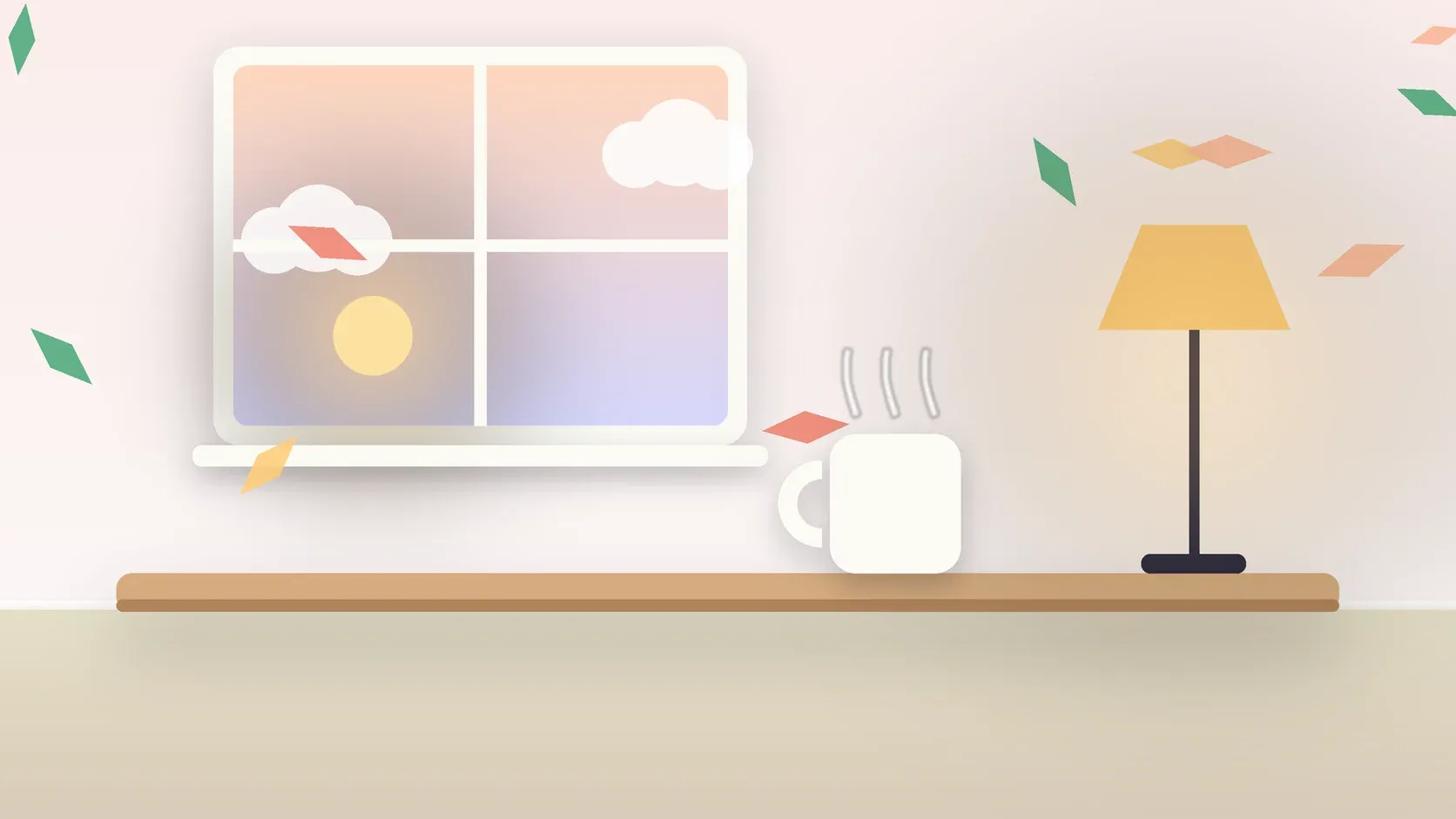 Illustration of autumn leaves drifting past a window at low sun, with a glowing lamp and a mug on a desk