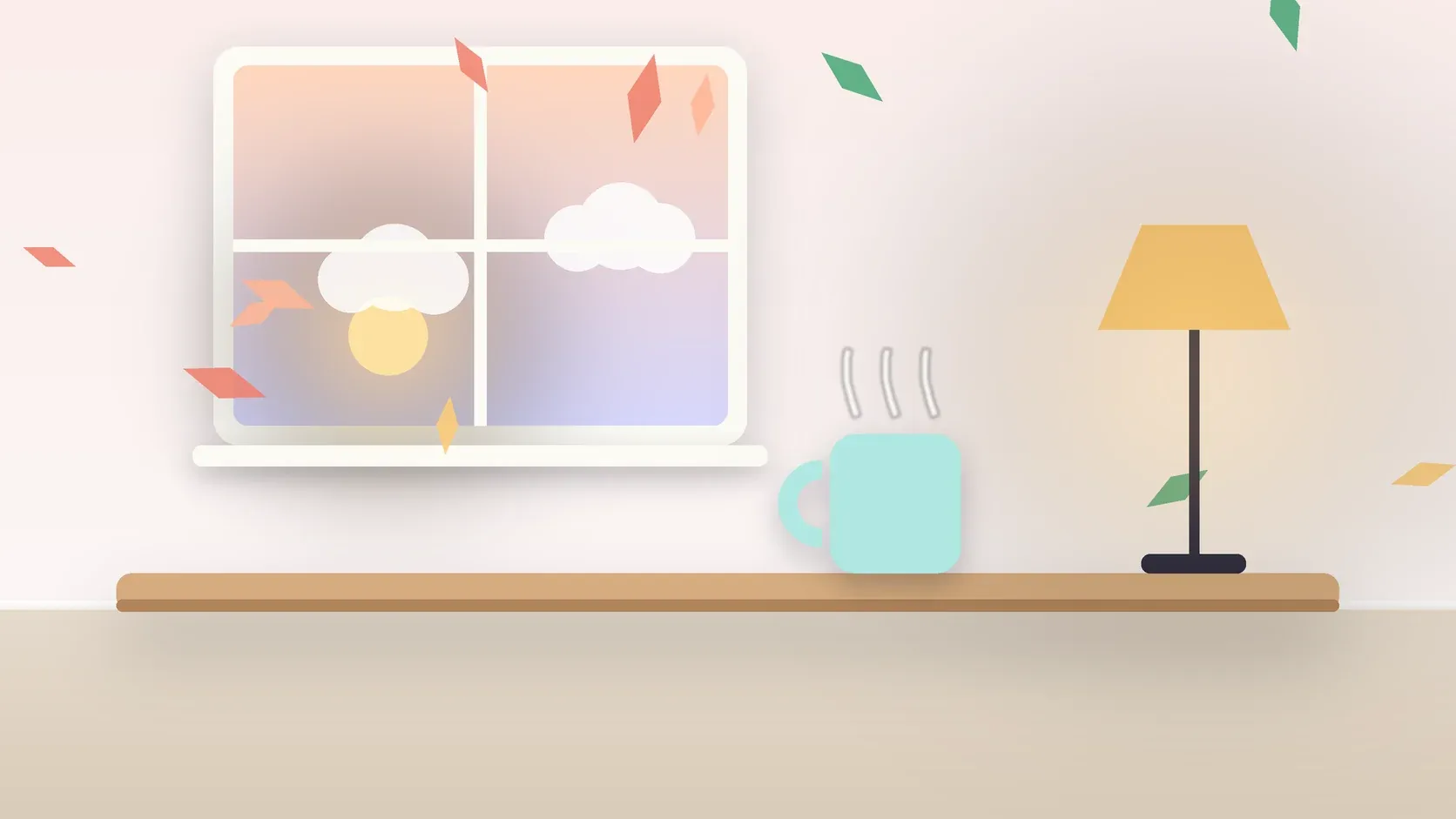 Illustration of autumn leaves drifting past a window at low sun, with a glowing lamp and a mug on a desk