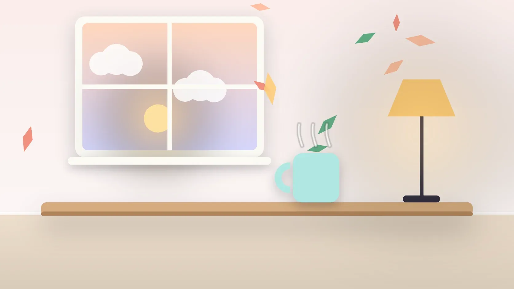 Illustration of autumn leaves drifting past a window at low sun, with a glowing lamp and a mug on a desk