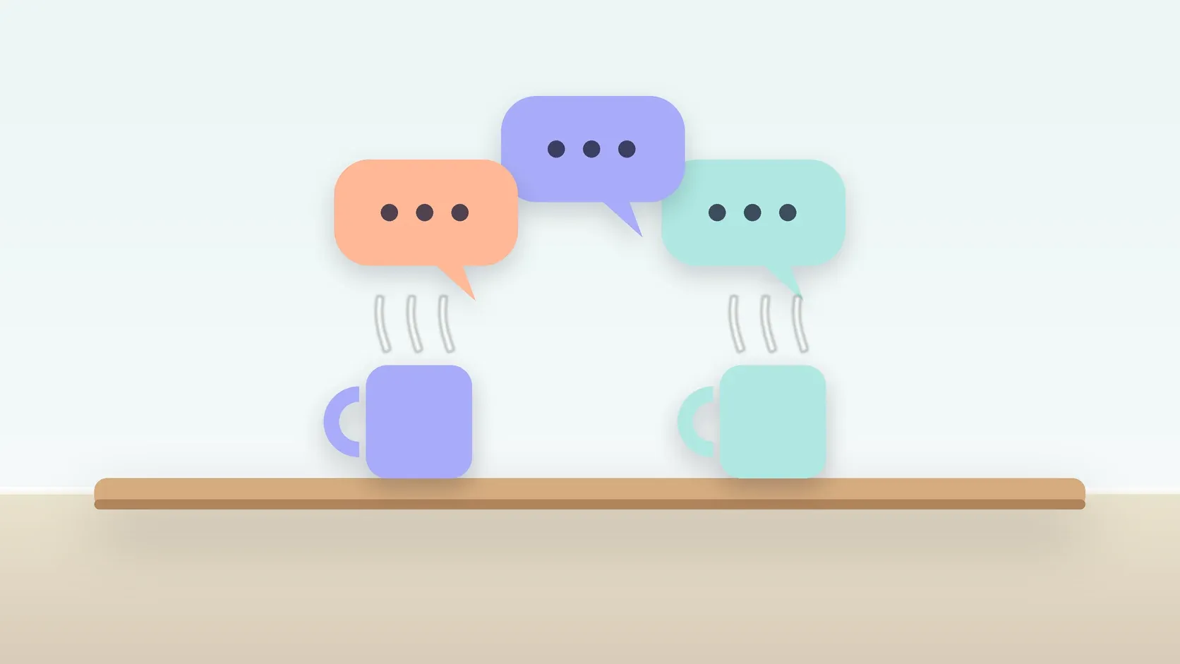 Illustration of three soft speech bubbles above a table with two mugs, suggesting conversation