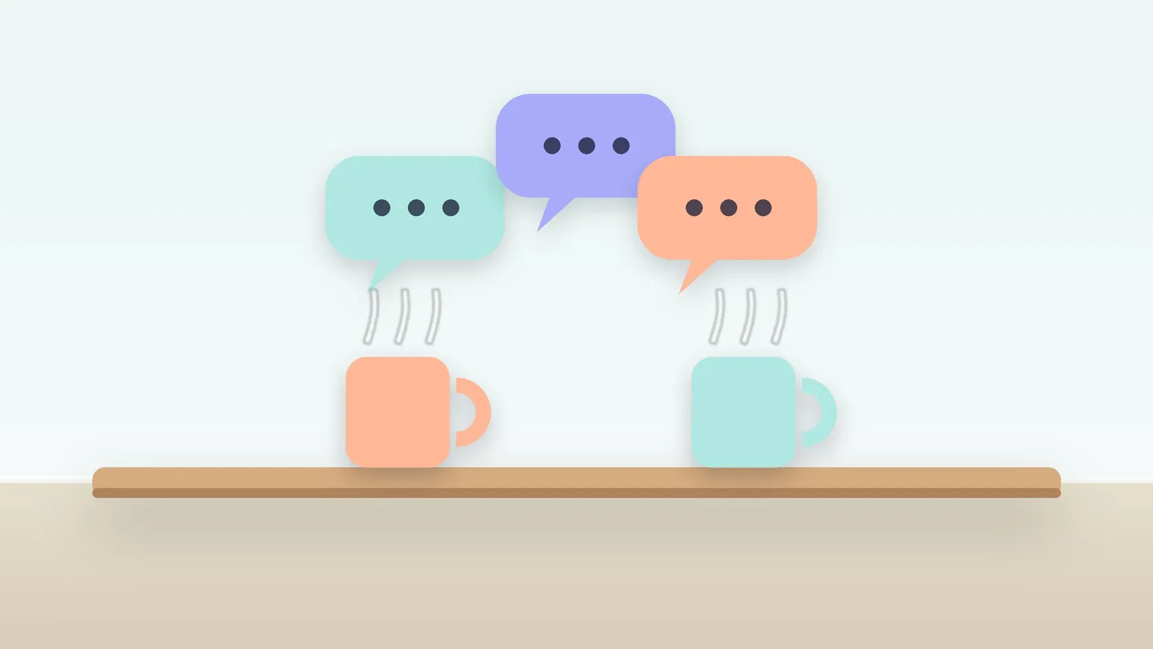 Illustration of three soft speech bubbles above a table with two mugs, suggesting conversation