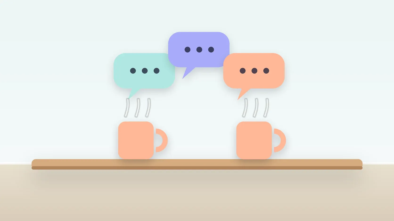 Illustration of three soft speech bubbles above a table with two mugs, suggesting conversation
