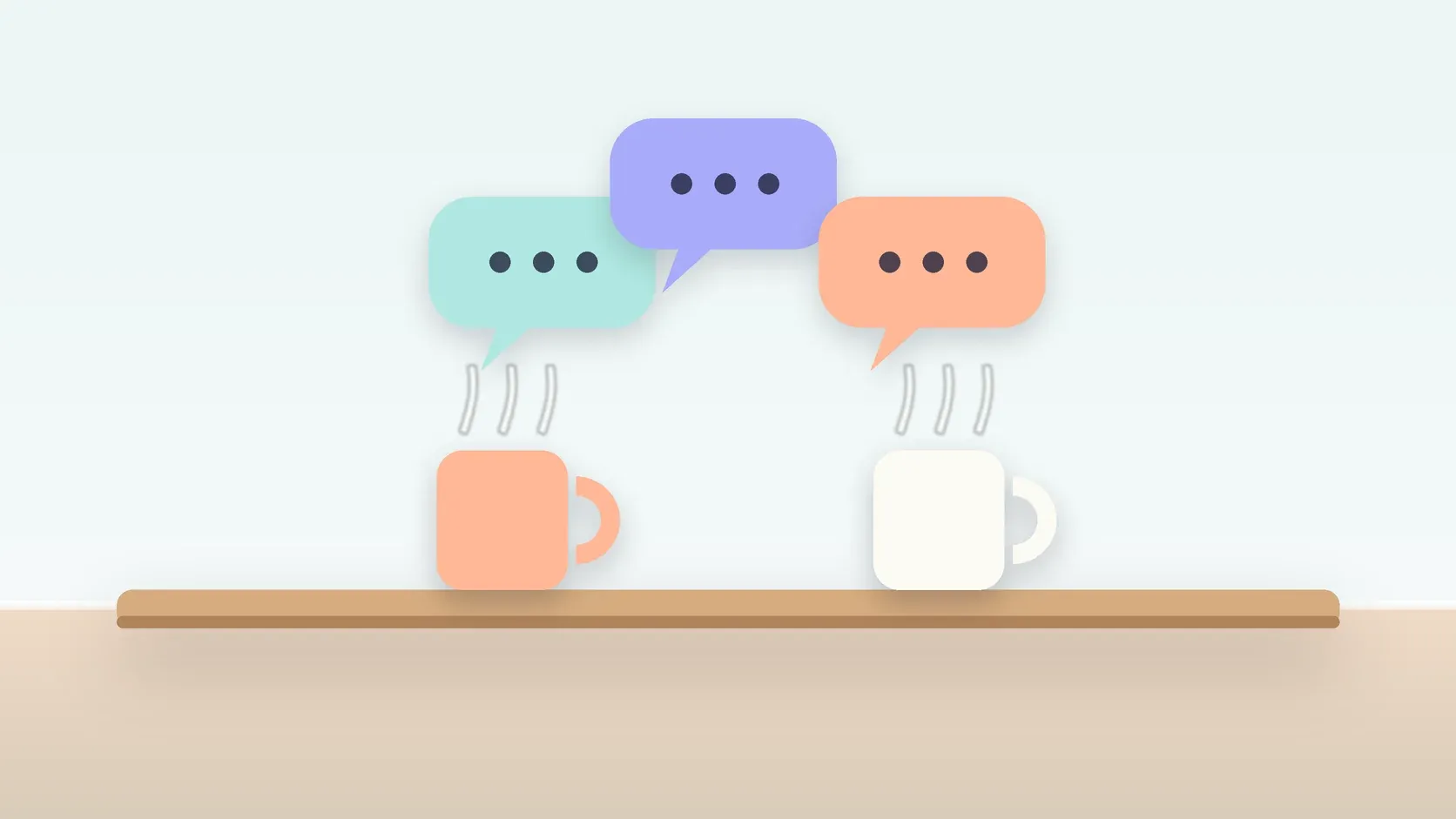 Illustration of three soft speech bubbles above a table with two mugs, suggesting conversation