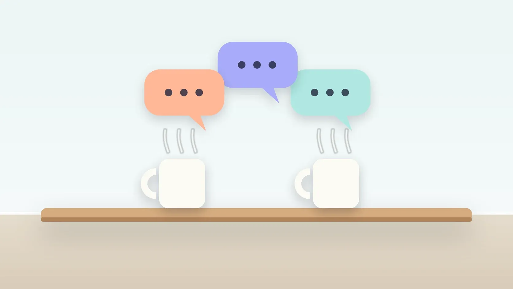 Illustration of three soft speech bubbles above a table with two mugs, suggesting conversation