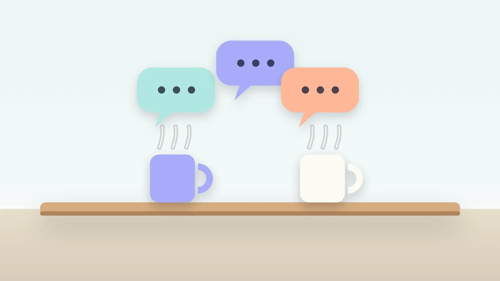 Illustration of three soft speech bubbles above a table with two mugs, suggesting conversation