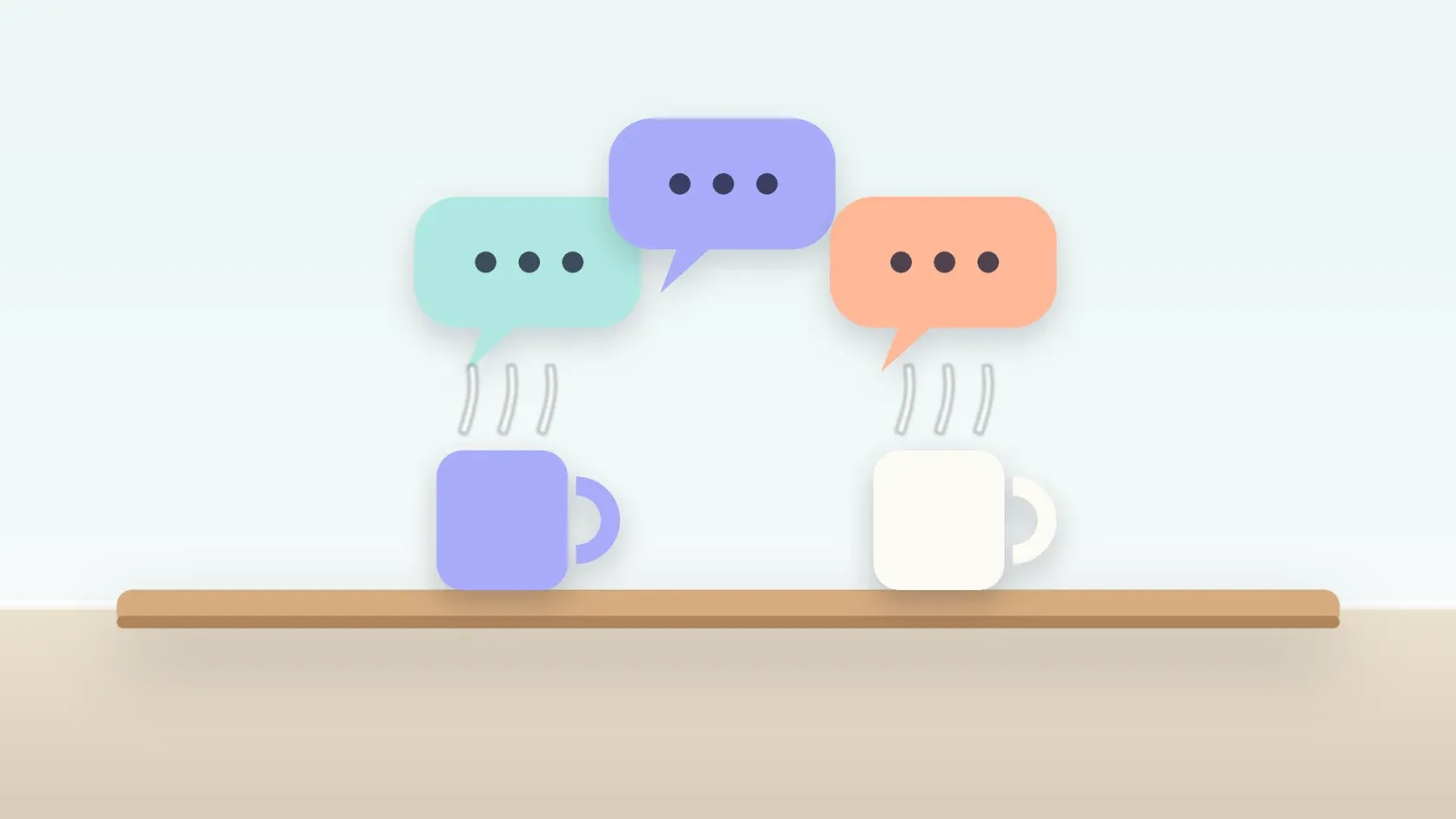 Illustration of three soft speech bubbles above a table with two mugs, suggesting conversation