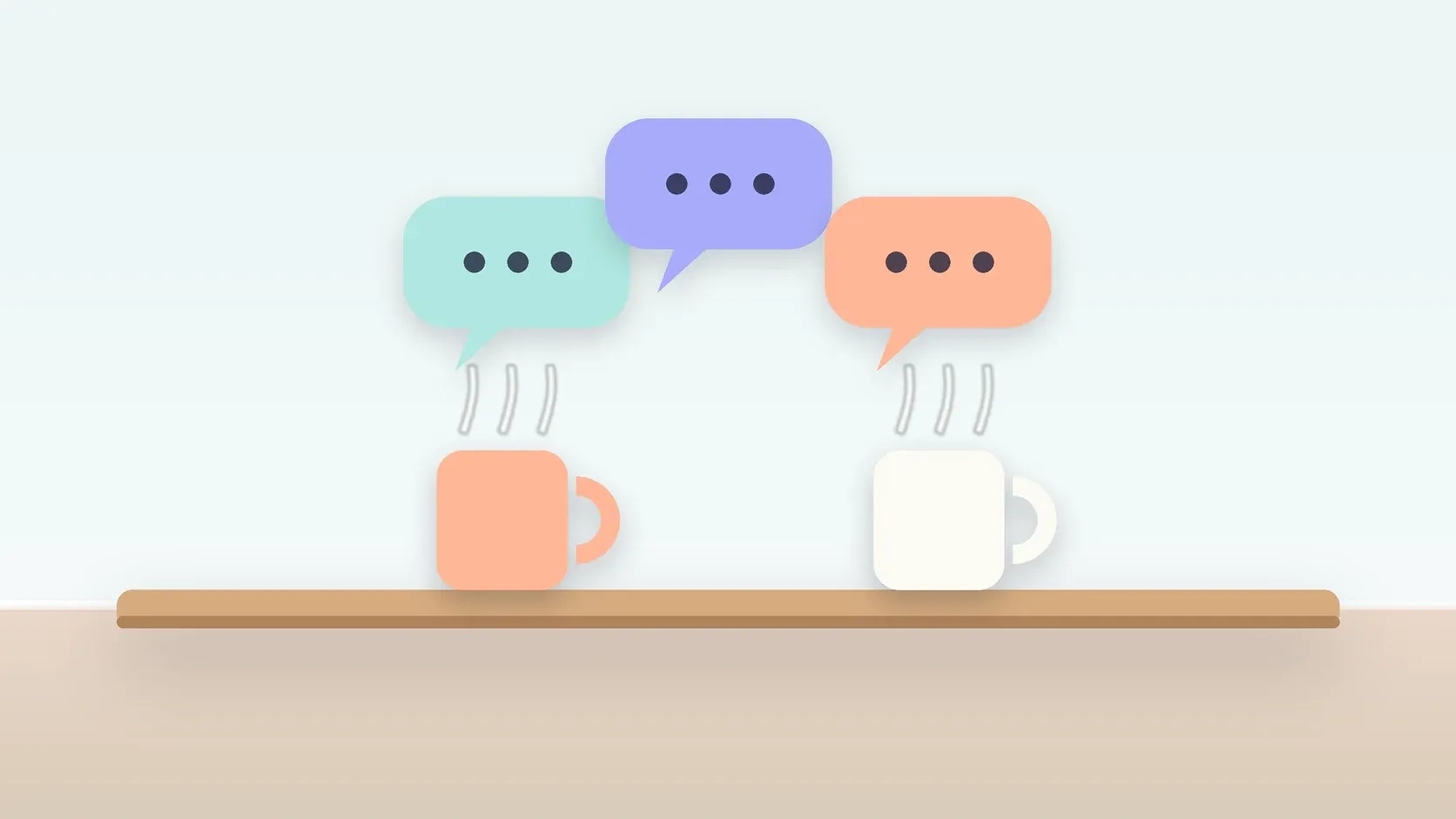 Illustration of three soft speech bubbles above a table with two mugs, suggesting conversation