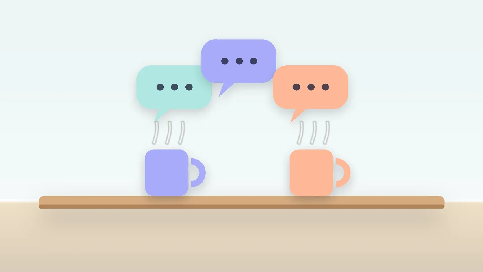 Illustration of three soft speech bubbles above a table with two mugs, suggesting conversation