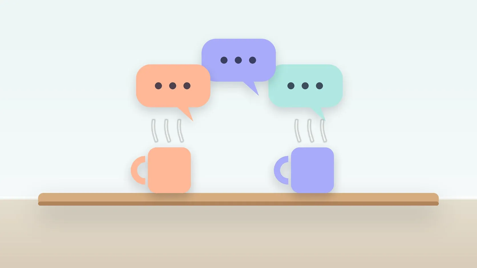Illustration of three soft speech bubbles above a table with two mugs, suggesting conversation