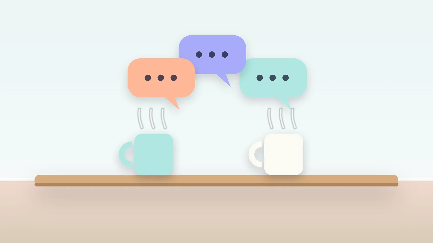 Illustration of three soft speech bubbles above a table with two mugs, suggesting conversation