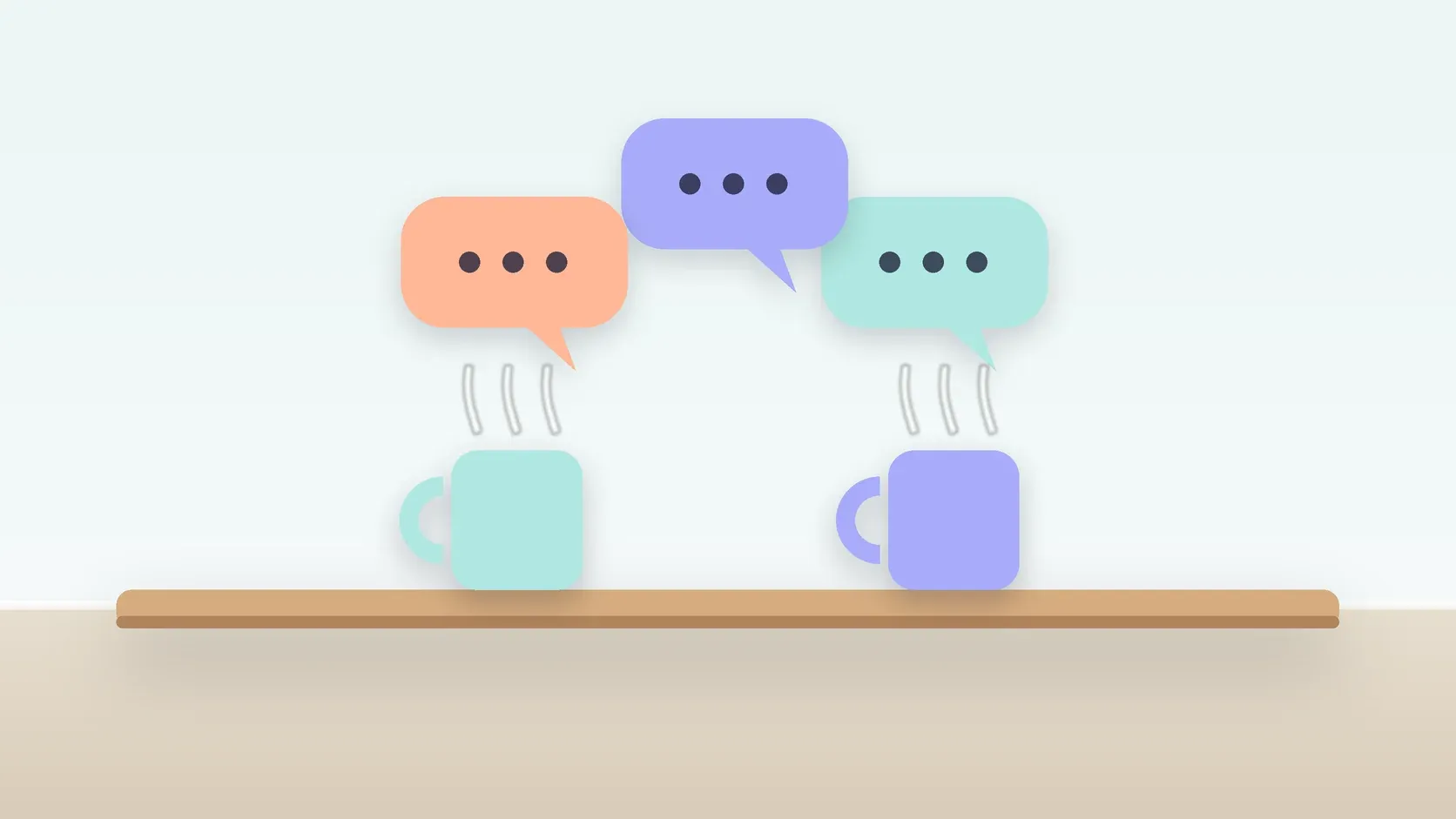 Illustration of three soft speech bubbles above a table with two mugs, suggesting conversation