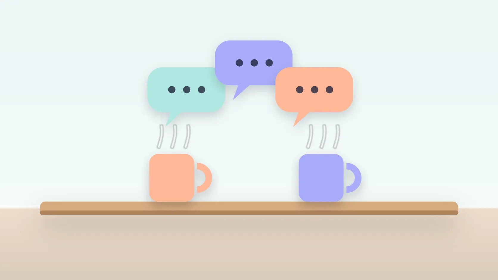 Illustration of three soft speech bubbles above a table with two mugs, suggesting conversation