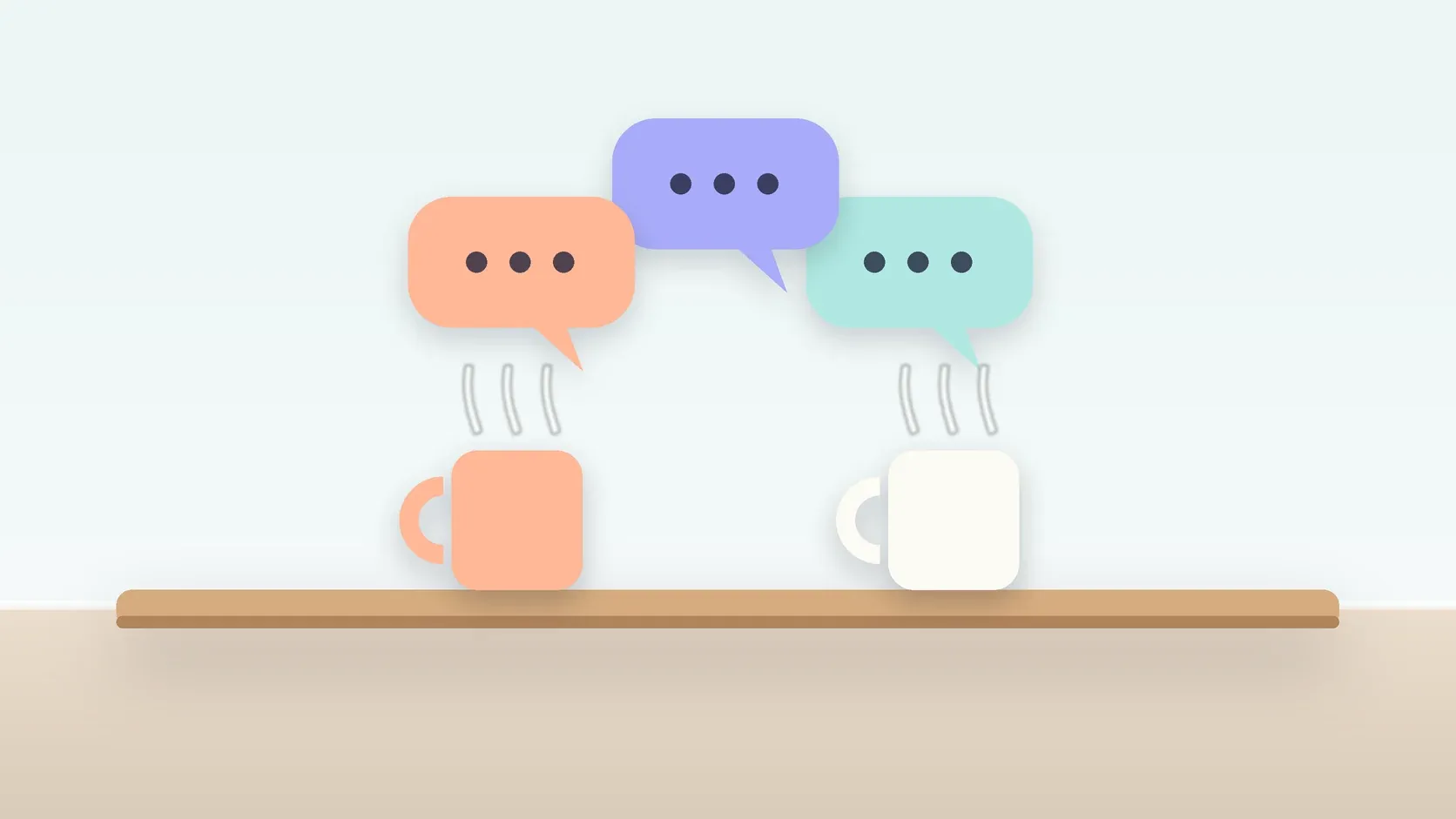 Illustration of three soft speech bubbles above a table with two mugs, suggesting conversation