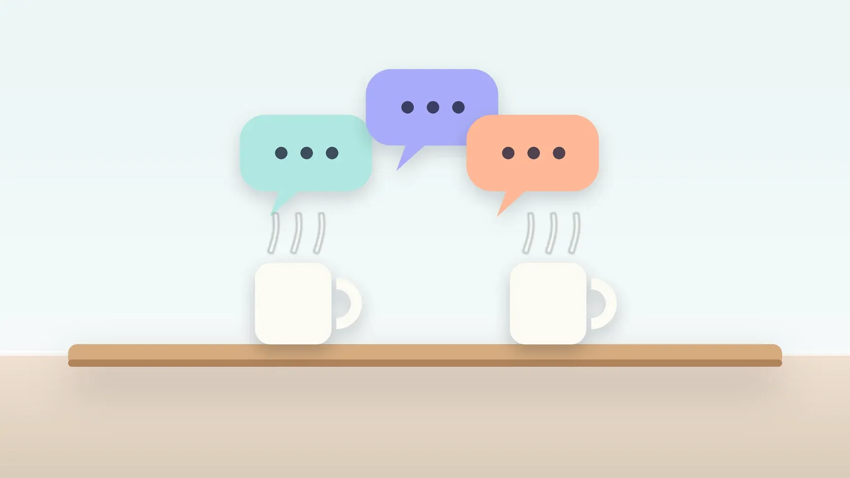 Illustration of three soft speech bubbles above a table with two mugs, suggesting conversation