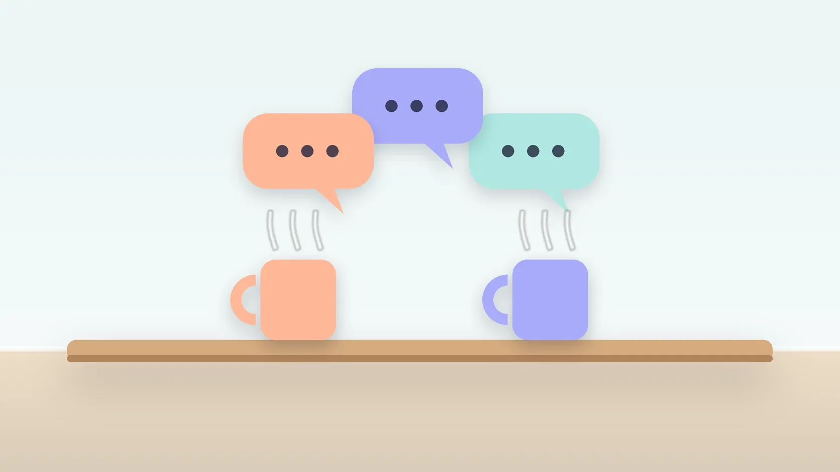 Illustration of three soft speech bubbles above a table with two mugs, suggesting conversation