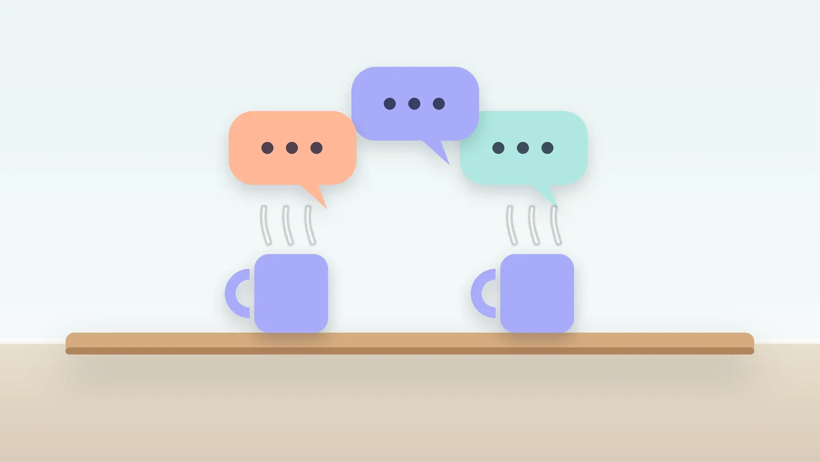 Illustration of three soft speech bubbles above a table with two mugs, suggesting conversation