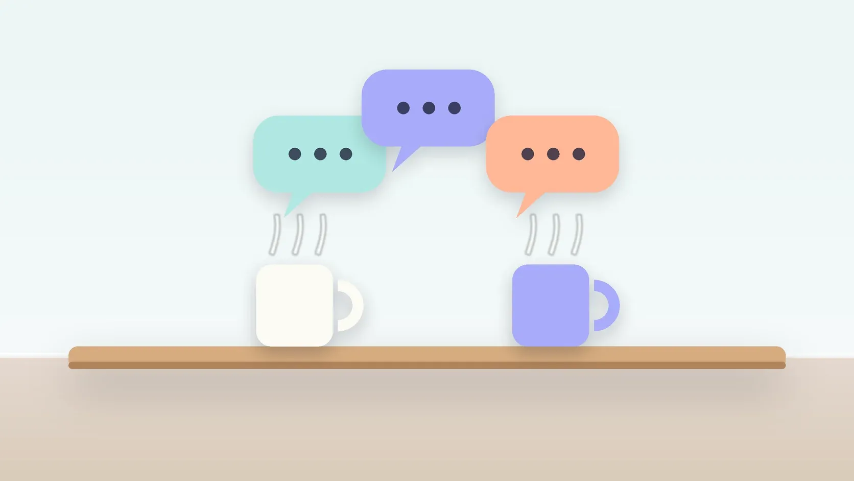 Illustration of three soft speech bubbles above a table with two mugs, suggesting conversation