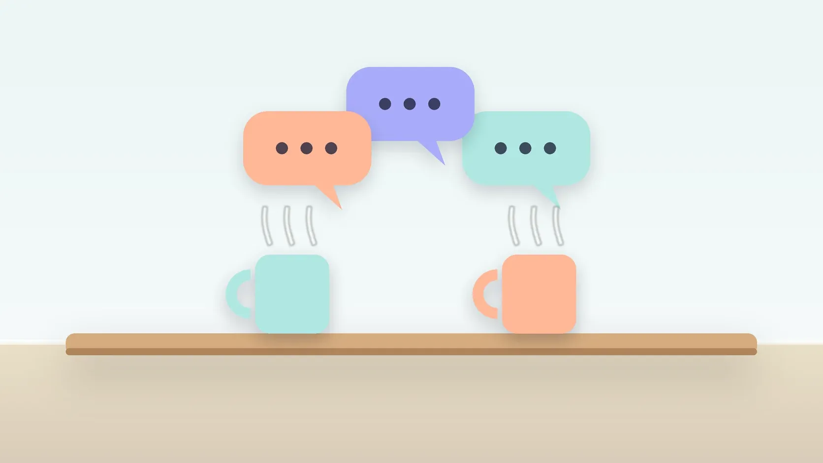 Illustration of three soft speech bubbles above a table with two mugs, suggesting conversation