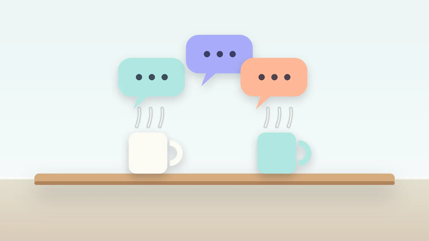 Illustration of three soft speech bubbles above a table with two mugs, suggesting conversation
