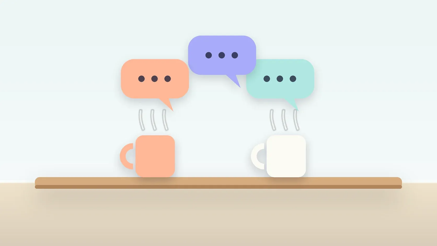 Illustration of three soft speech bubbles above a table with two mugs, suggesting conversation