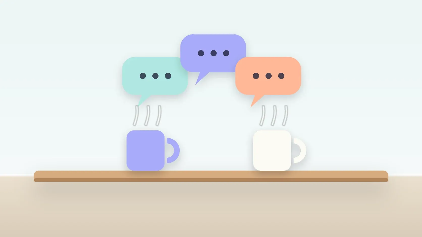 Illustration of three soft speech bubbles above a table with two mugs, suggesting conversation