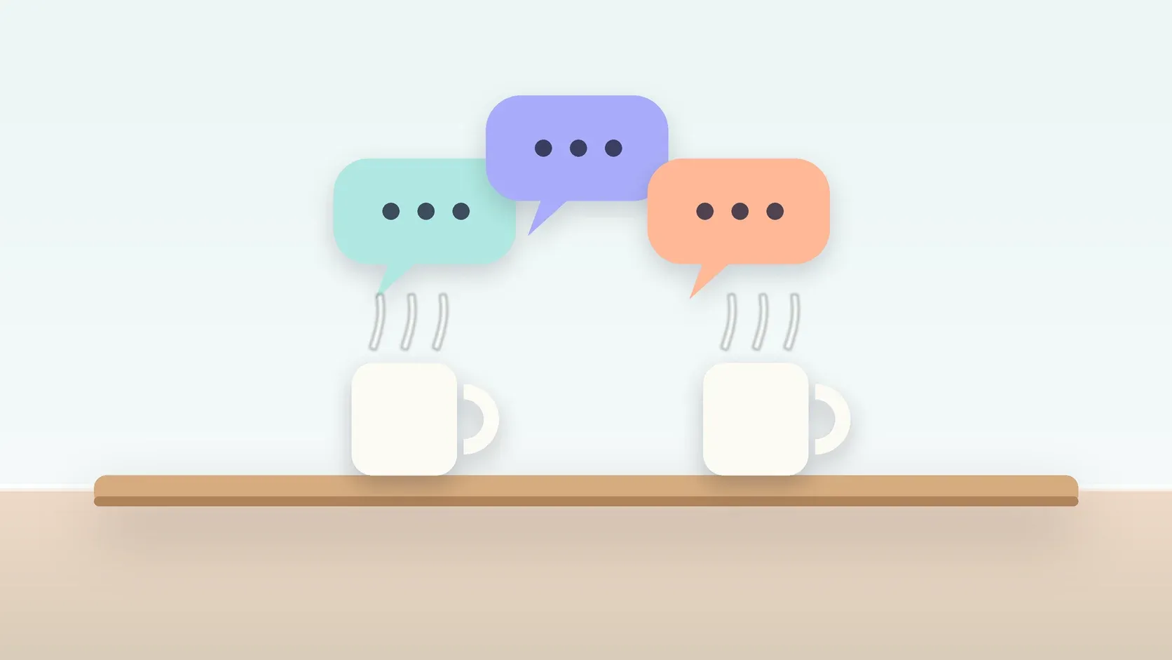 Illustration of three soft speech bubbles above a table with two mugs, suggesting conversation
