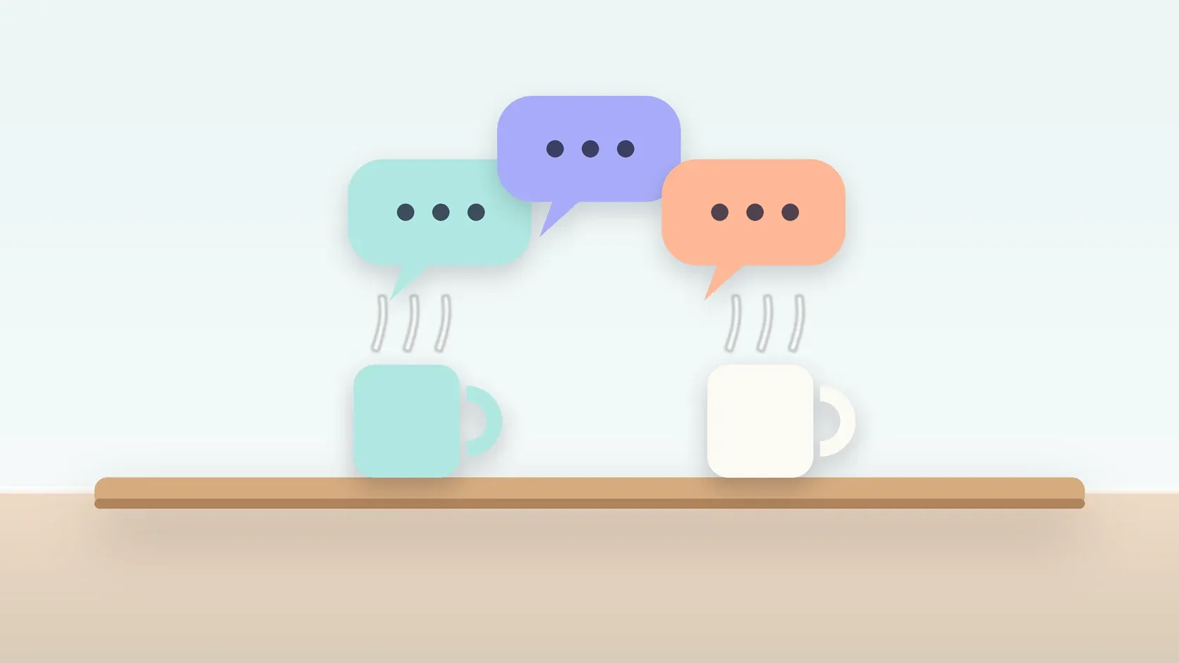 Illustration of three soft speech bubbles above a table with two mugs, suggesting conversation