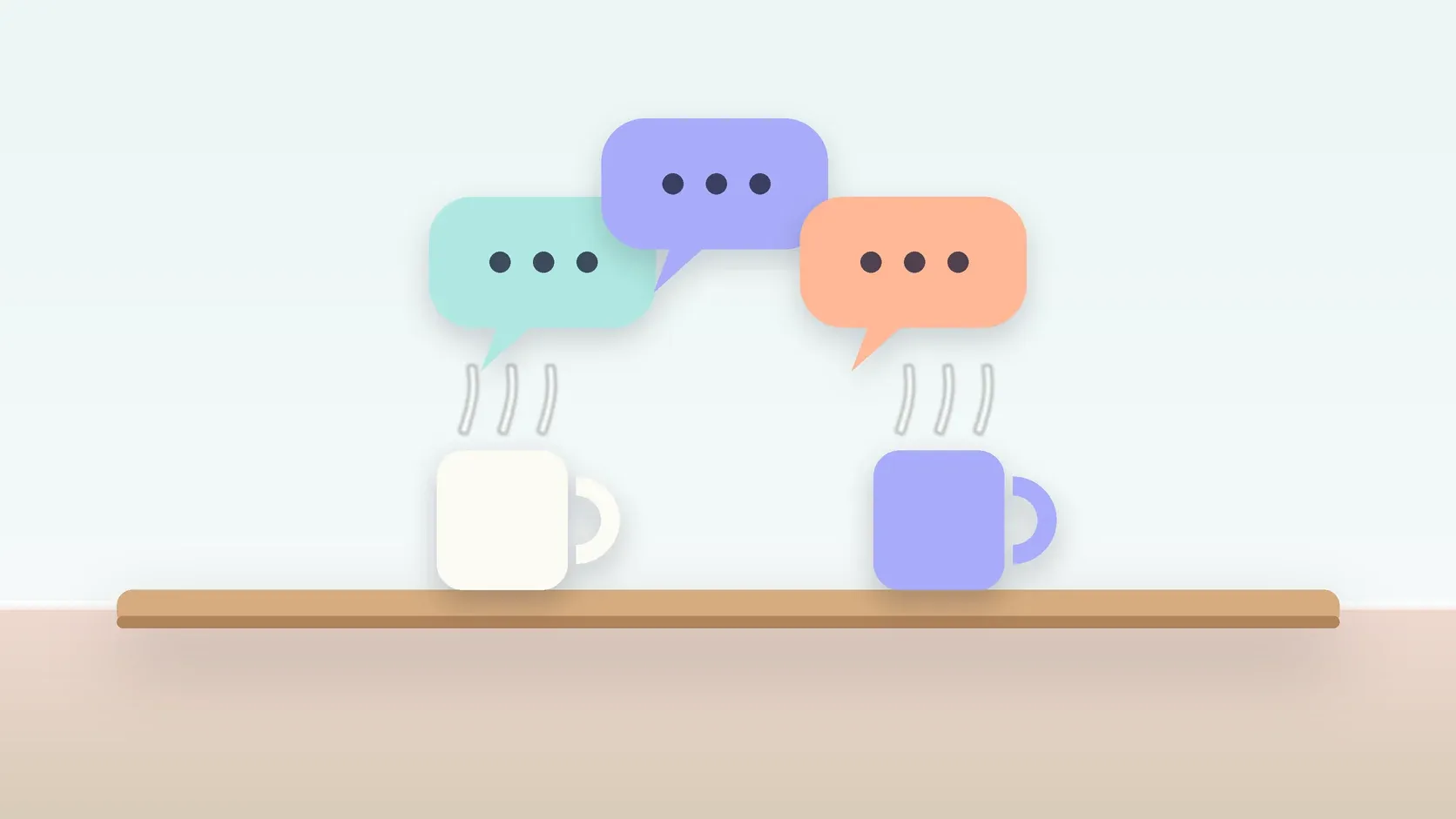 Illustration of three soft speech bubbles above a table with two mugs, suggesting conversation
