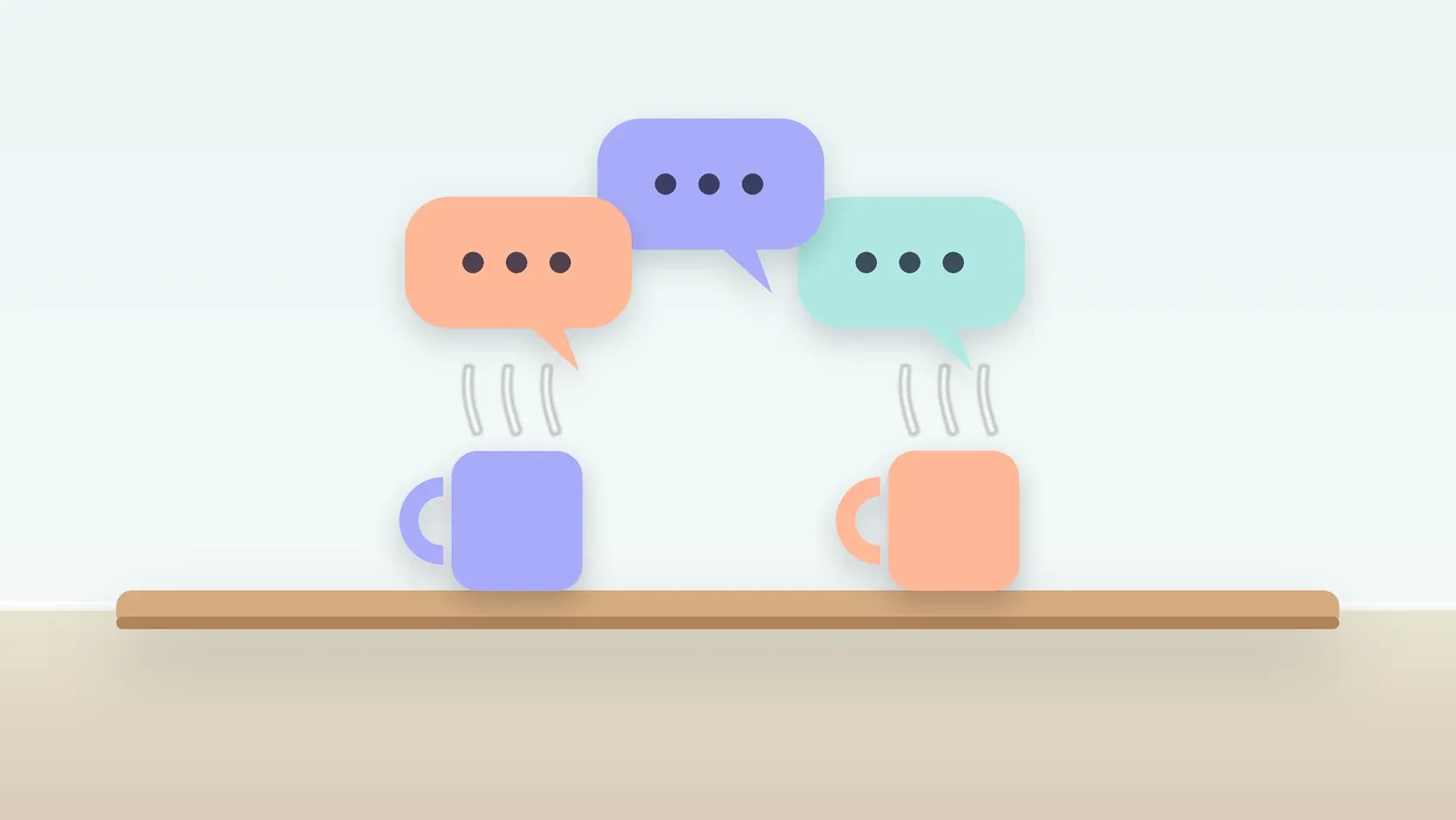 Illustration of three soft speech bubbles above a table with two mugs, suggesting conversation
