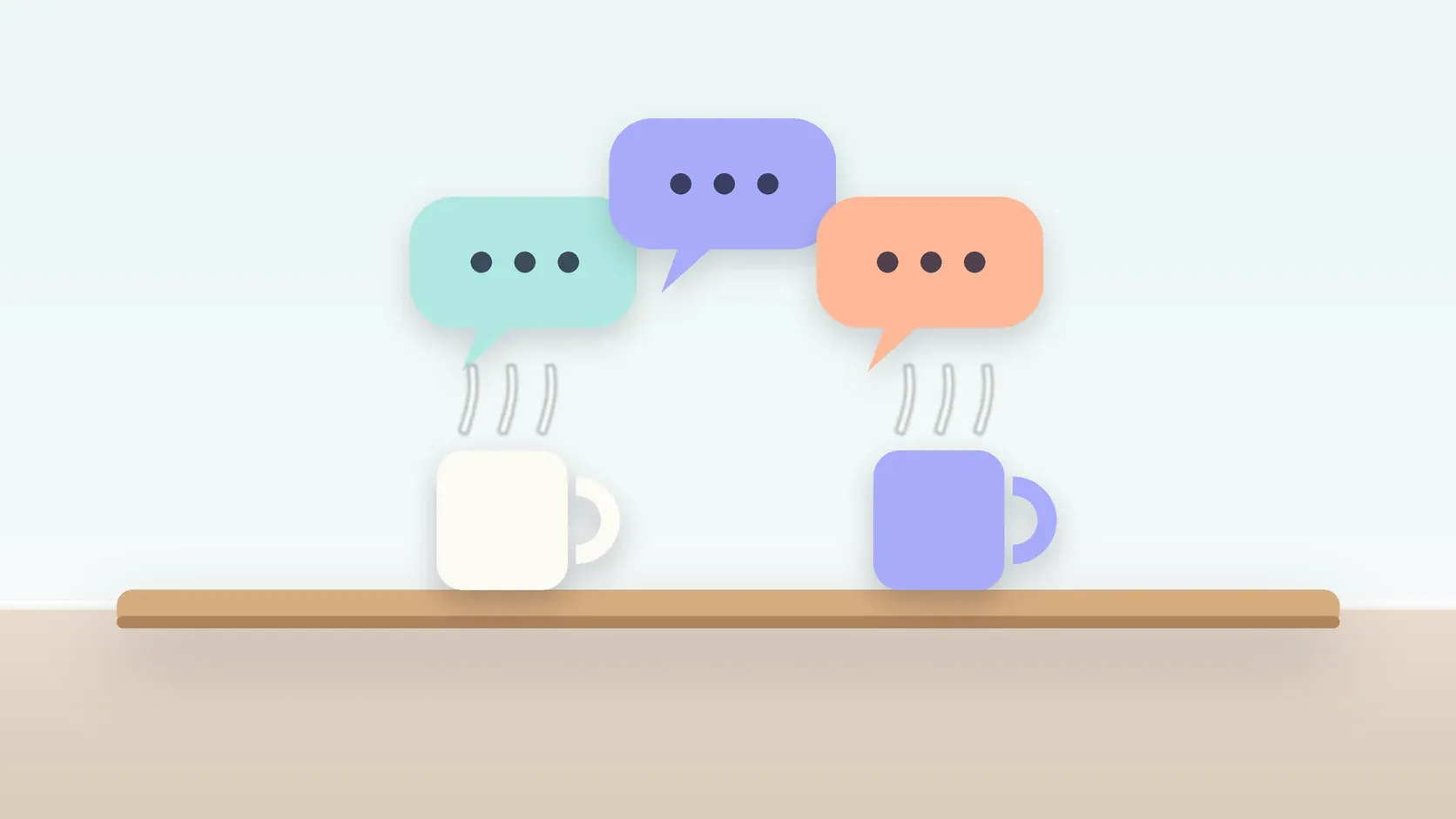 Illustration of three soft speech bubbles above a table with two mugs, suggesting conversation