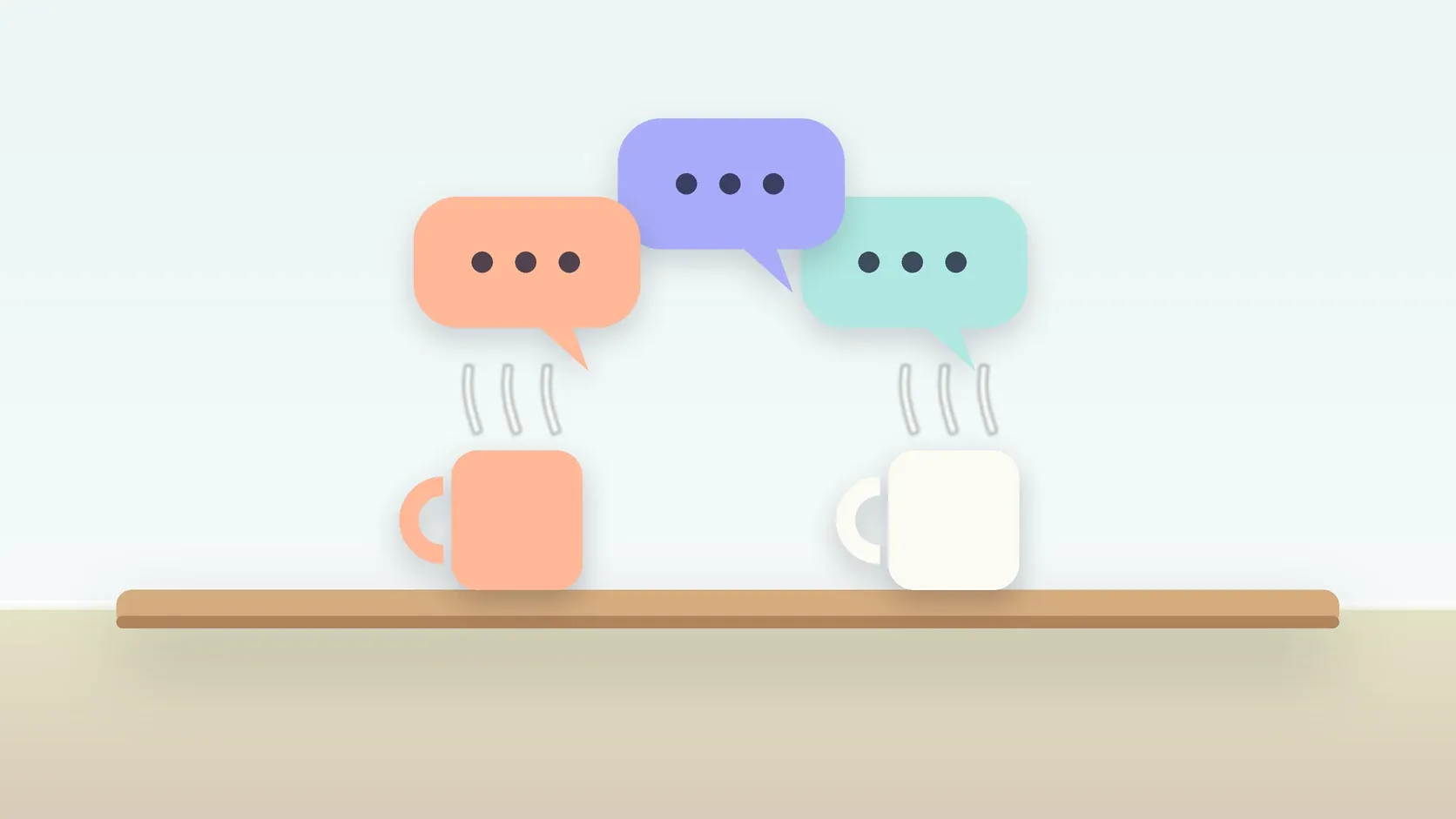 Illustration of three soft speech bubbles above a table with two mugs, suggesting conversation
