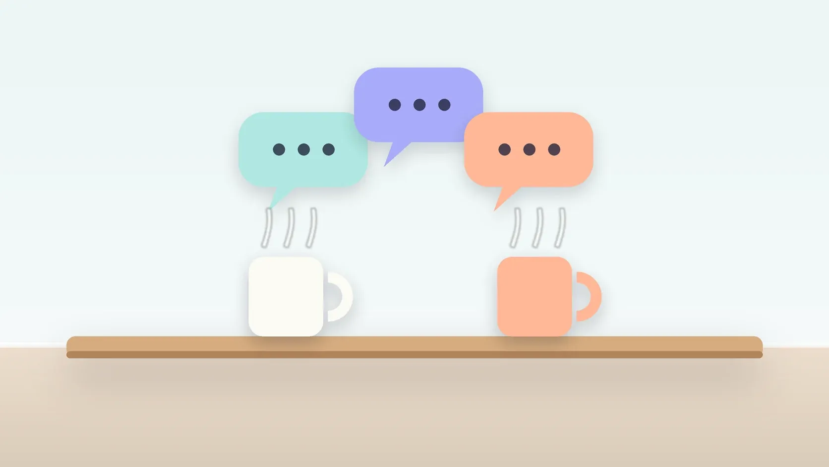 Illustration of three soft speech bubbles above a table with two mugs, suggesting conversation