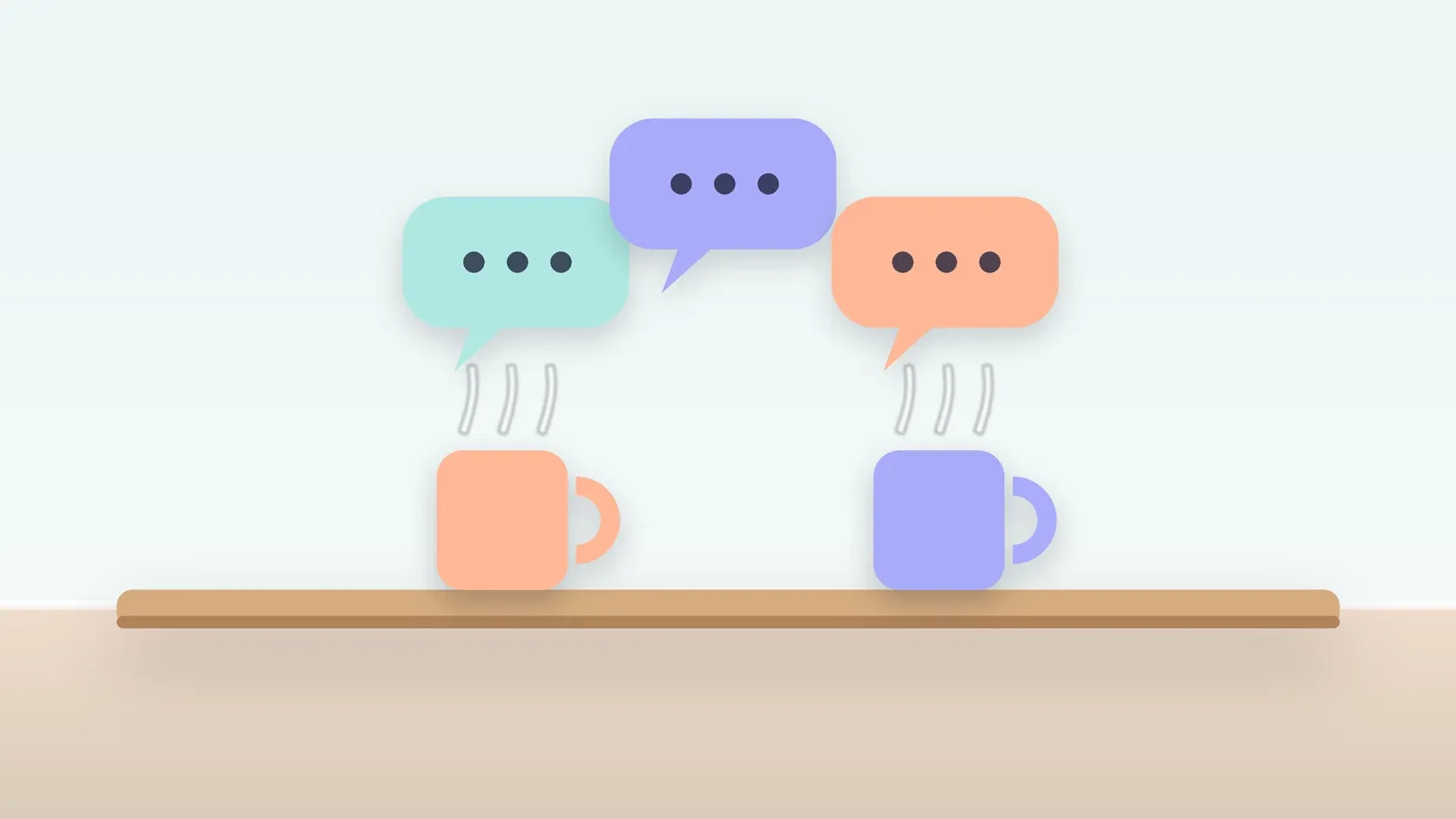 Illustration of three soft speech bubbles above a table with two mugs, suggesting conversation