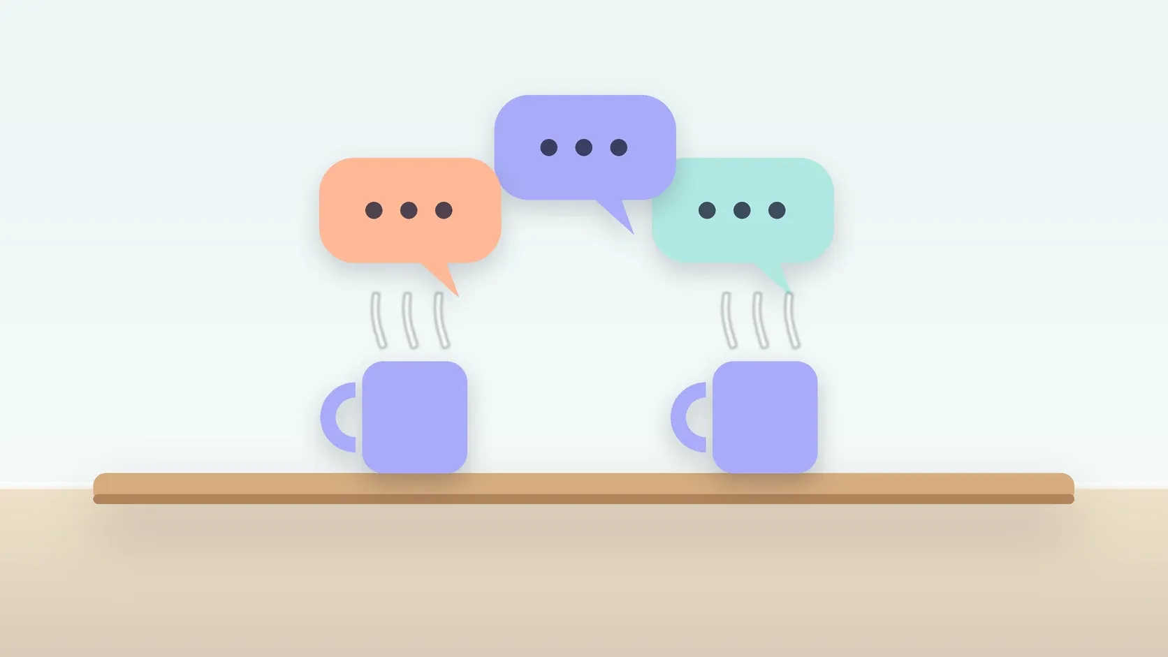 Illustration of three soft speech bubbles above a table with two mugs, suggesting conversation