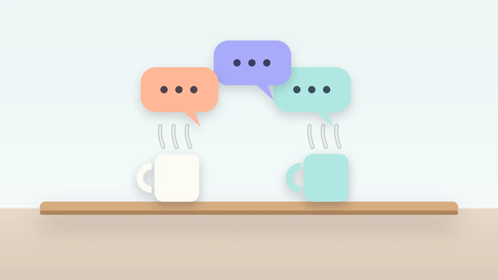 Illustration of three soft speech bubbles above a table with two mugs, suggesting conversation