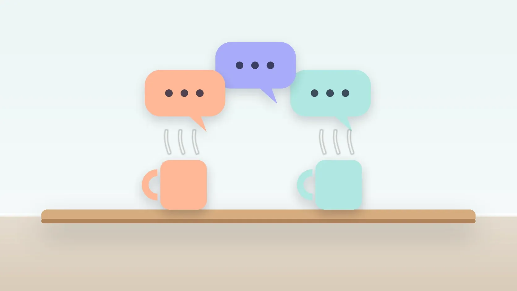Illustration of three soft speech bubbles above a table with two mugs, suggesting conversation