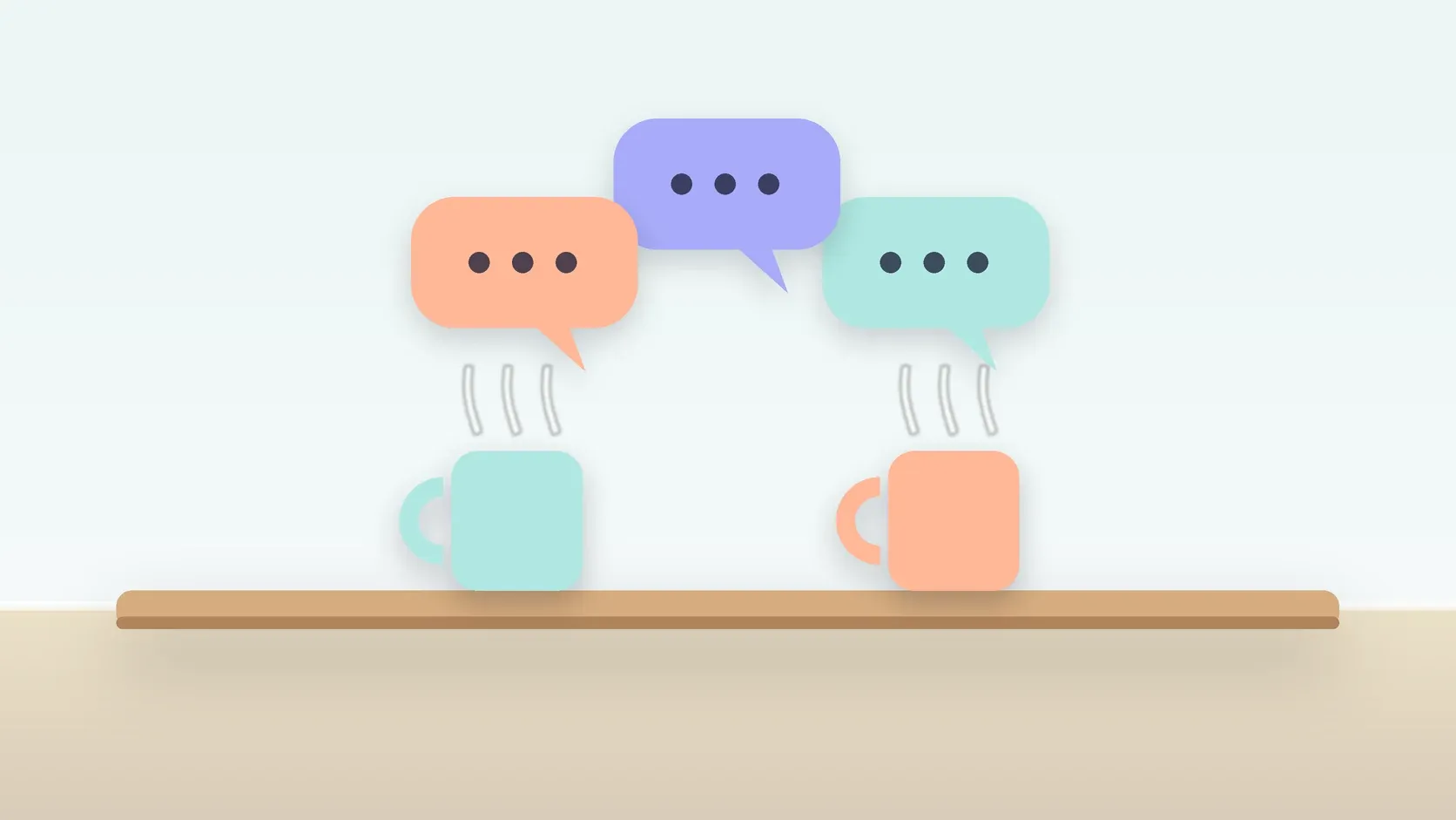 Illustration of three soft speech bubbles above a table with two mugs, suggesting conversation