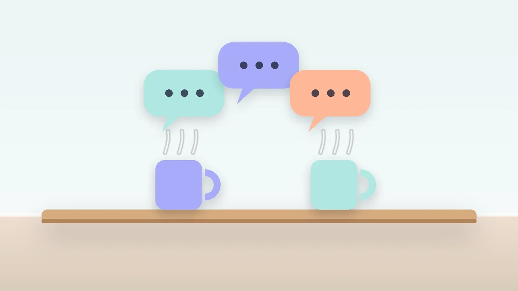 Illustration of three soft speech bubbles above a table with two mugs, suggesting conversation
