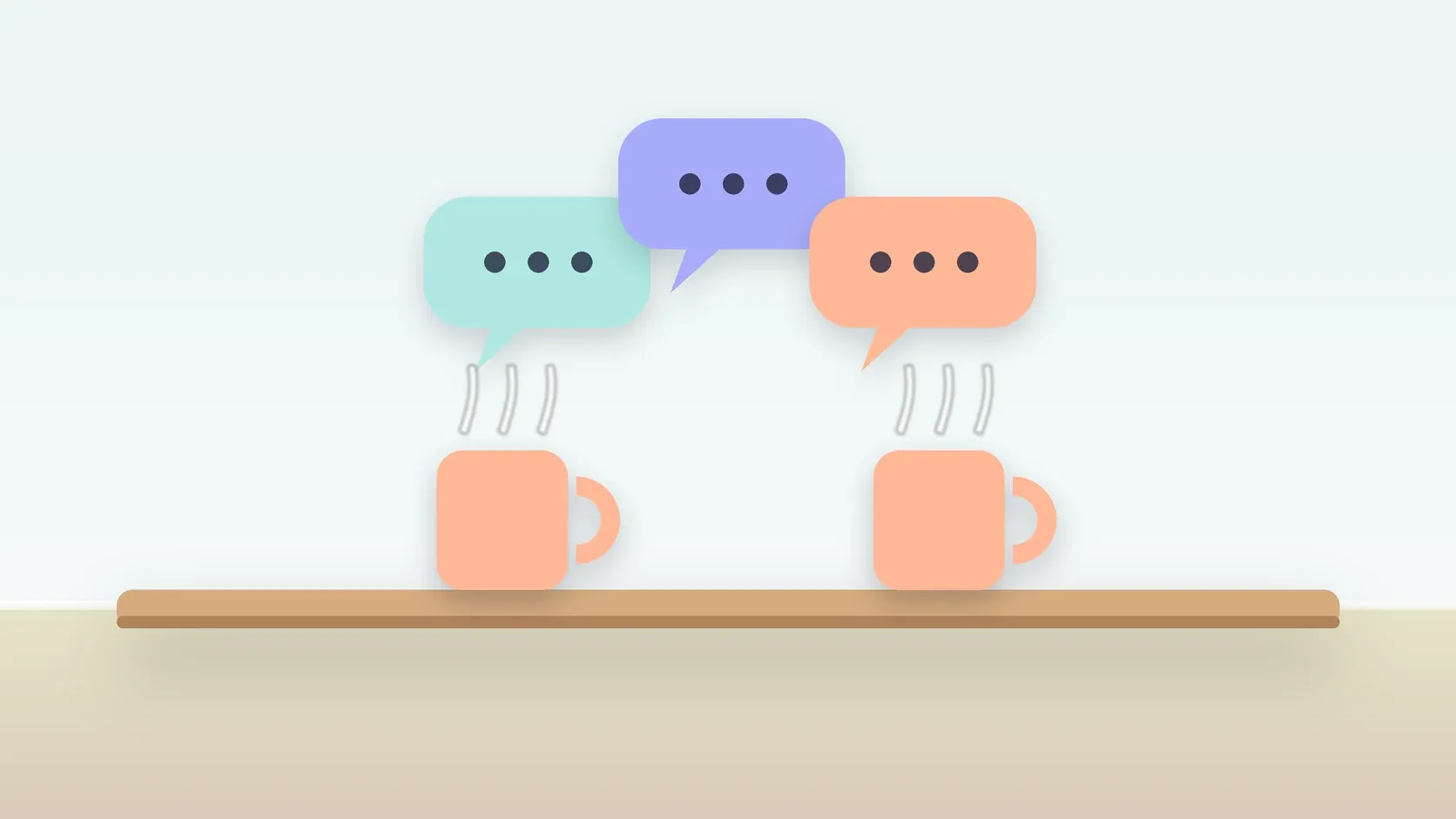 Illustration of three soft speech bubbles above a table with two mugs, suggesting conversation