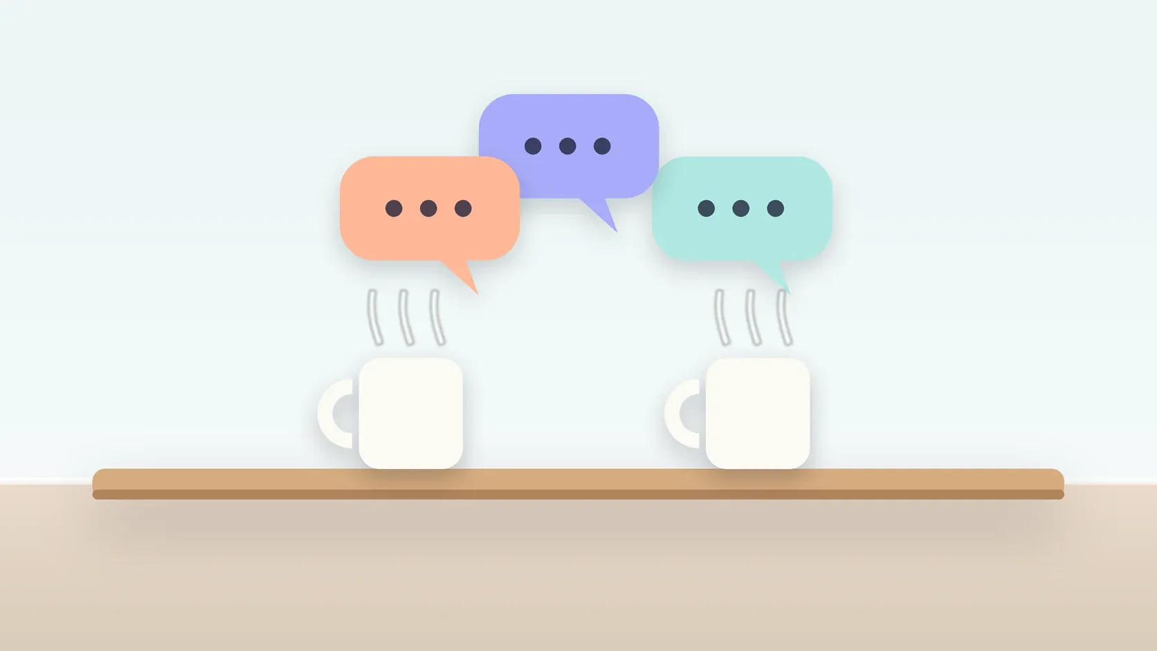 Illustration of three soft speech bubbles above a table with two mugs, suggesting conversation