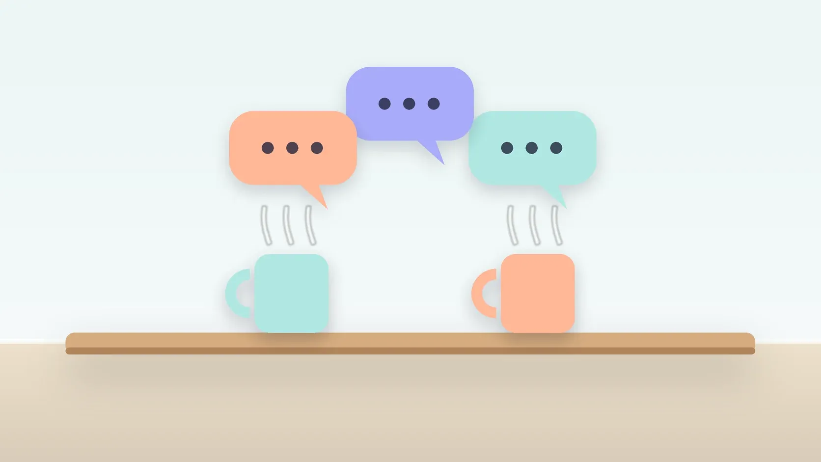 Illustration of three soft speech bubbles above a table with two mugs, suggesting conversation
