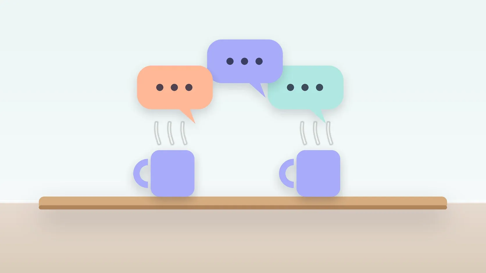 Illustration of three soft speech bubbles above a table with two mugs, suggesting conversation