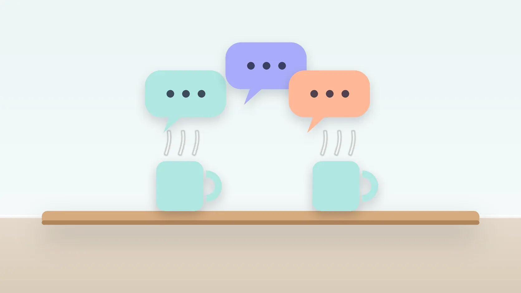 Illustration of three soft speech bubbles above a table with two mugs, suggesting conversation