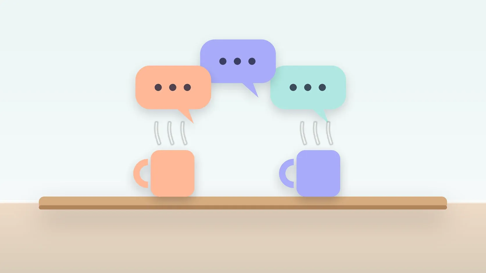 Illustration of three soft speech bubbles above a table with two mugs, suggesting conversation