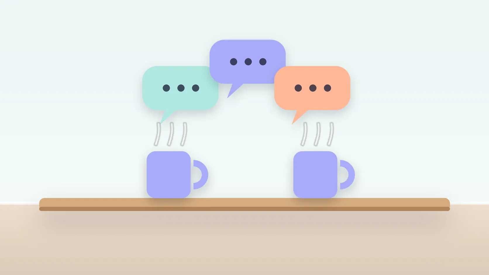 Illustration of three soft speech bubbles above a table with two mugs, suggesting conversation